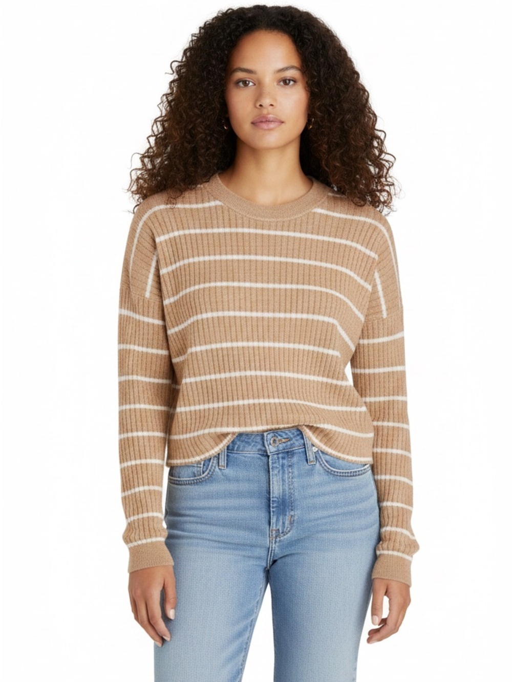 Madewell Tan and Cream Striped Ribbed Crewneck Sweater